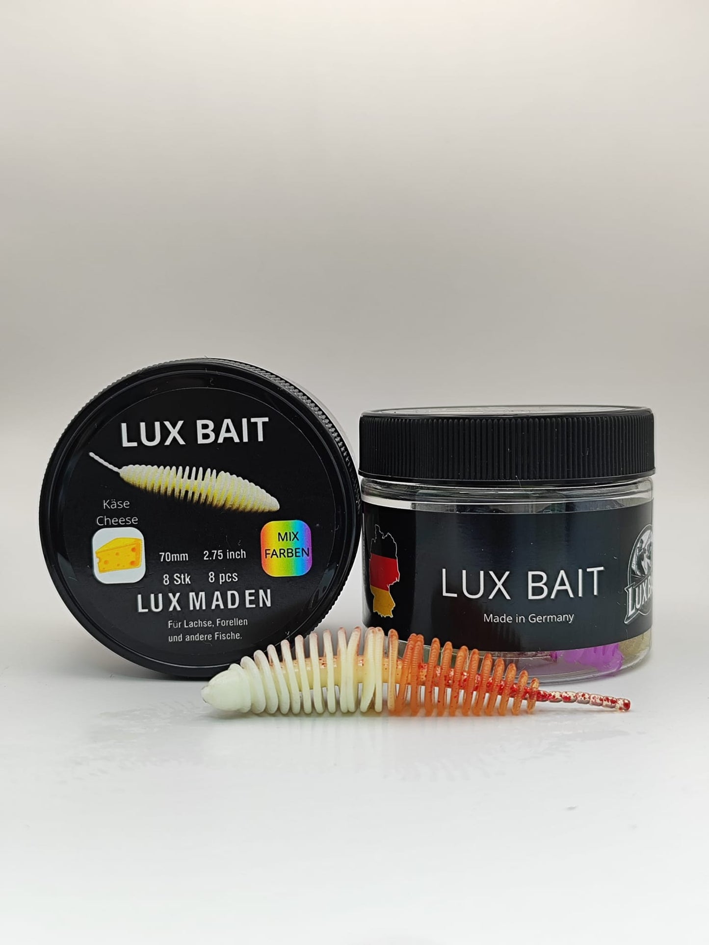 LUX MADEN von Lux Bait – aromatisierter, hocheffektiver Silikonköder für den Fang von Lachs und Forelle. Fluo UV Aktiv.