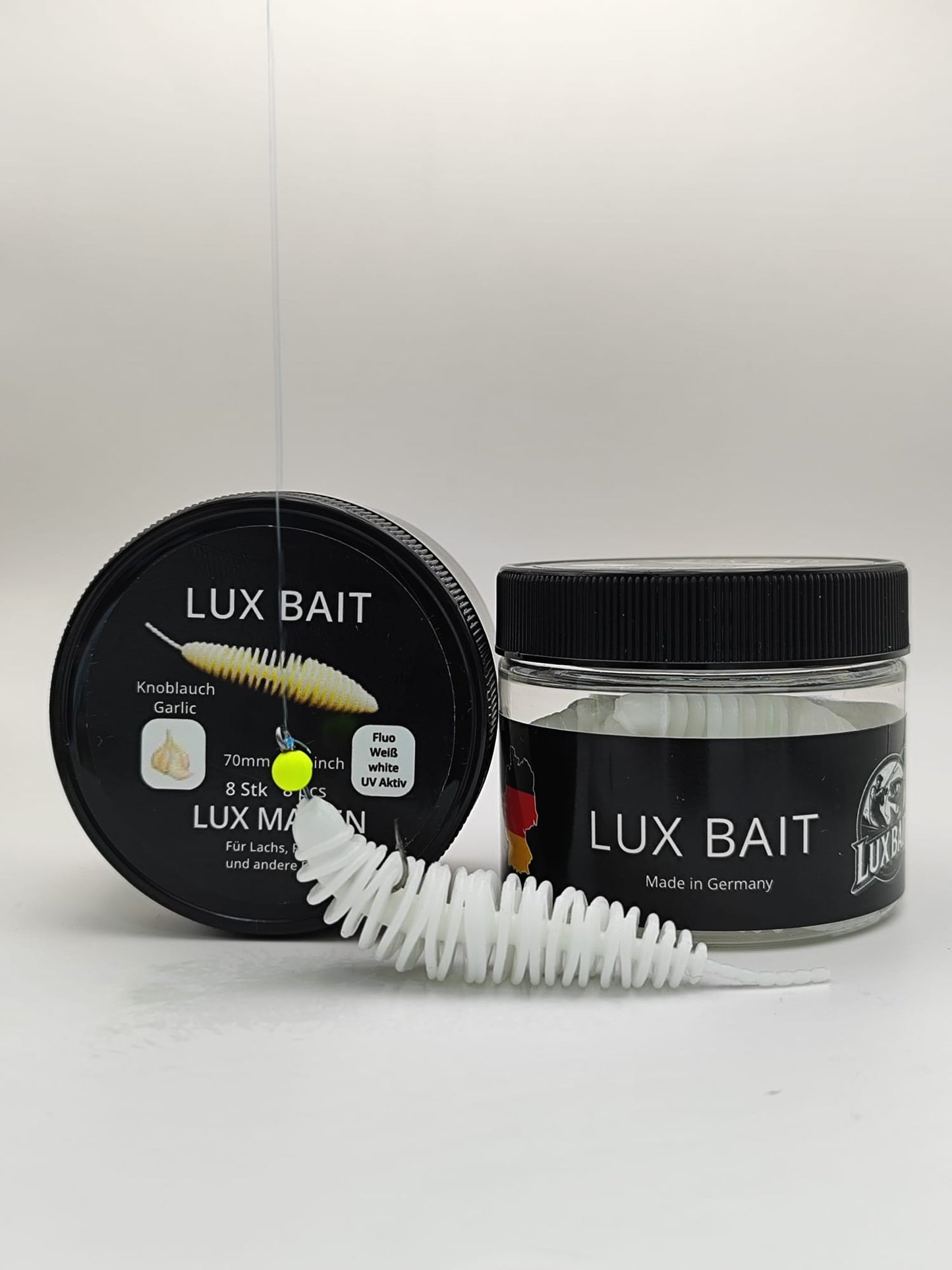 LUX MADEN von Lux Bait – aromatisierter, hocheffektiver Silikonköder für den Fang von Lachs und Forelle. Fluo UV Aktiv.