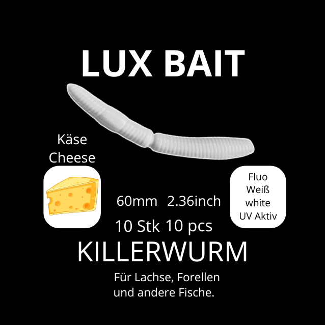 KILLERWURM von Lux Bait – aromatisierter, hocheffektiver Silikonköder für den Fang von Lachs und Forelle. Fluo UV Aktiv.