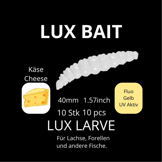 LUX LARVE von Lux Bait – aromatisierter, hocheffektiver Silikonköder für den Fang von Lachs und Forelle. Fluo UV Aktiv.
