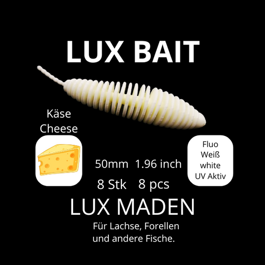 LUX MADEN von Lux Bait – aromatisierter, hocheffektiver Silikonköder für den Fang von Lachs und Forelle. Fluo UV Aktiv.