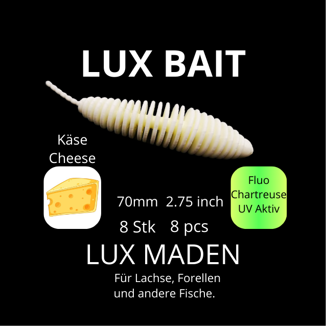 LUX MADEN von Lux Bait – aromatisierter, hocheffektiver Silikonköder für den Fang von Lachs und Forelle. Fluo UV Aktiv.