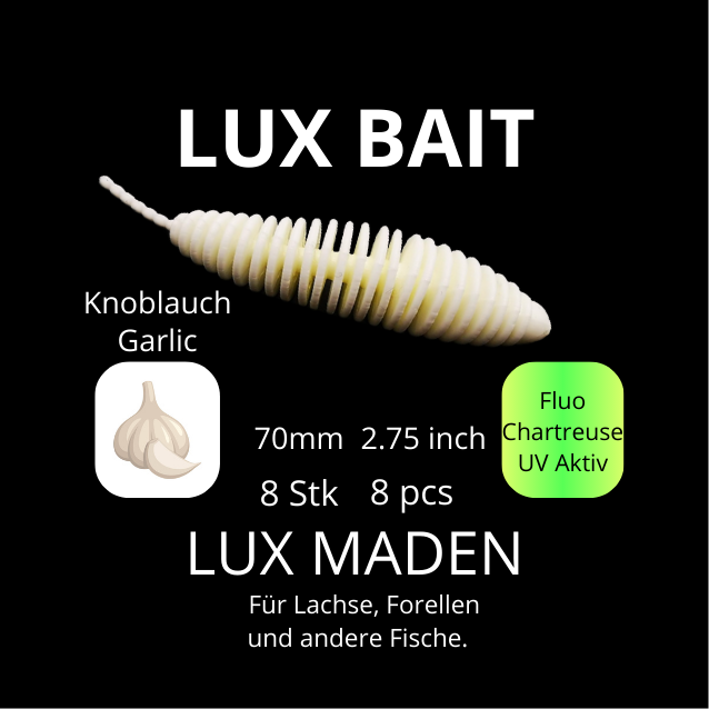 LUX MADEN von Lux Bait – aromatisierter, hocheffektiver Silikonköder für den Fang von Lachs und Forelle. Fluo UV Aktiv.