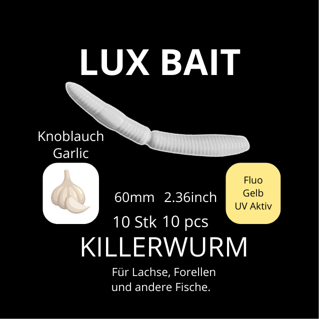 KILLERWURM von Lux Bait – aromatisierter, hocheffektiver Silikonköder für den Fang von Lachs und Forelle. Fluo UV Aktiv.