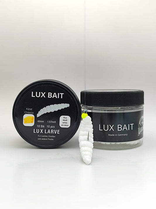 LUX LARVE von Lux Bait – aromatisierter, hocheffektiver Silikonköder für den Fang von Lachs und Forelle. Fluo UV Aktiv.