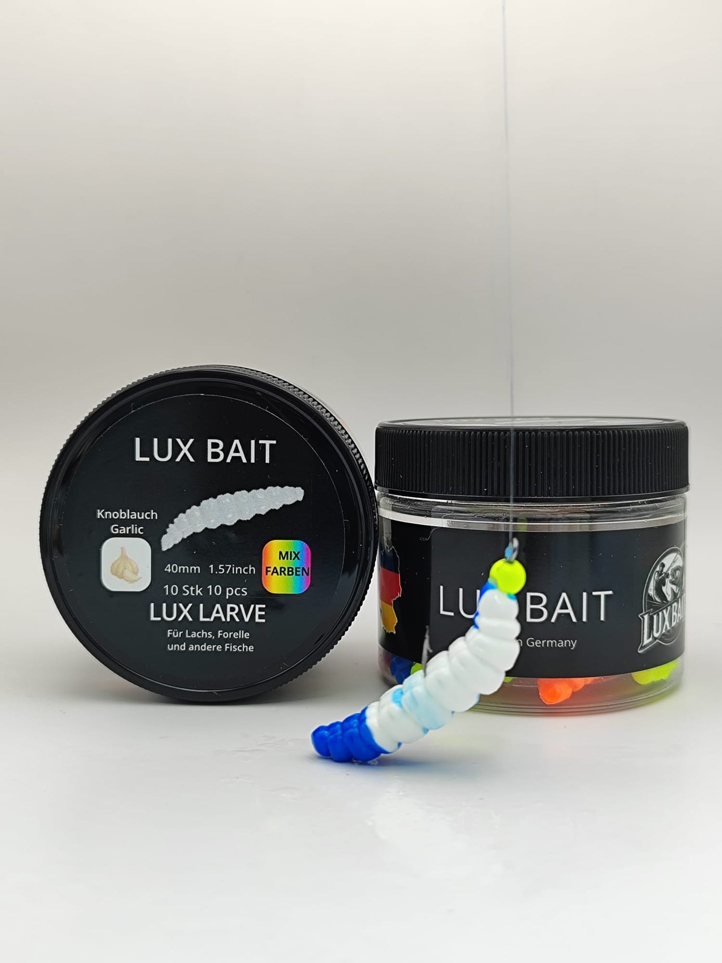 LUX LARVE von Lux Bait – aromatisierter, hocheffektiver Silikonköder für den Fang von Lachs und Forelle. Fluo UV Aktiv.
