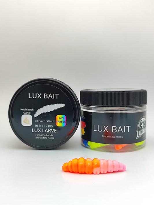 LUX LARVE von Lux Bait – aromatisierter, hocheffektiver Silikonköder für den Fang von Lachs und Forelle. Fluo UV Aktiv.