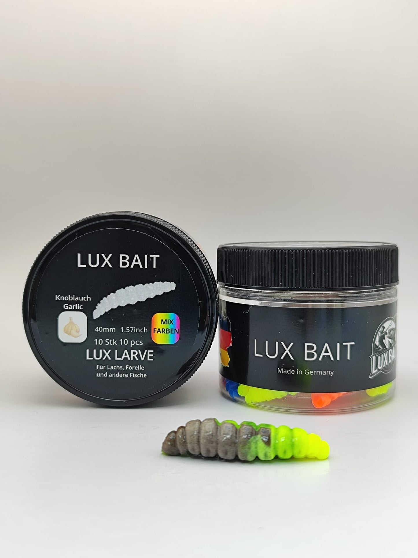 LUX LARVE von Lux Bait – aromatisierter, hocheffektiver Silikonköder für den Fang von Lachs und Forelle. Fluo UV Aktiv.