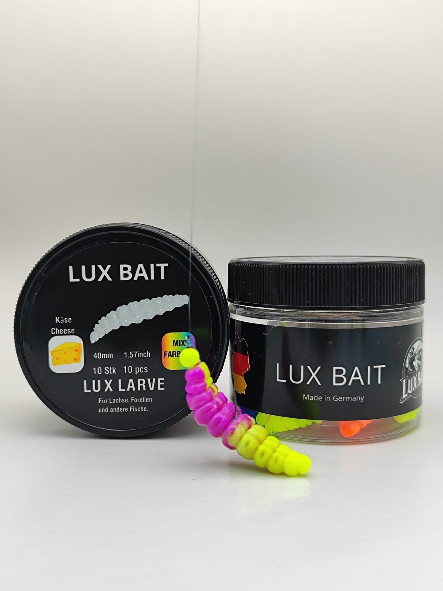 LUX LARVE von Lux Bait – aromatisierter, hocheffektiver Silikonköder für den Fang von Lachs und Forelle. Fluo UV Aktiv.