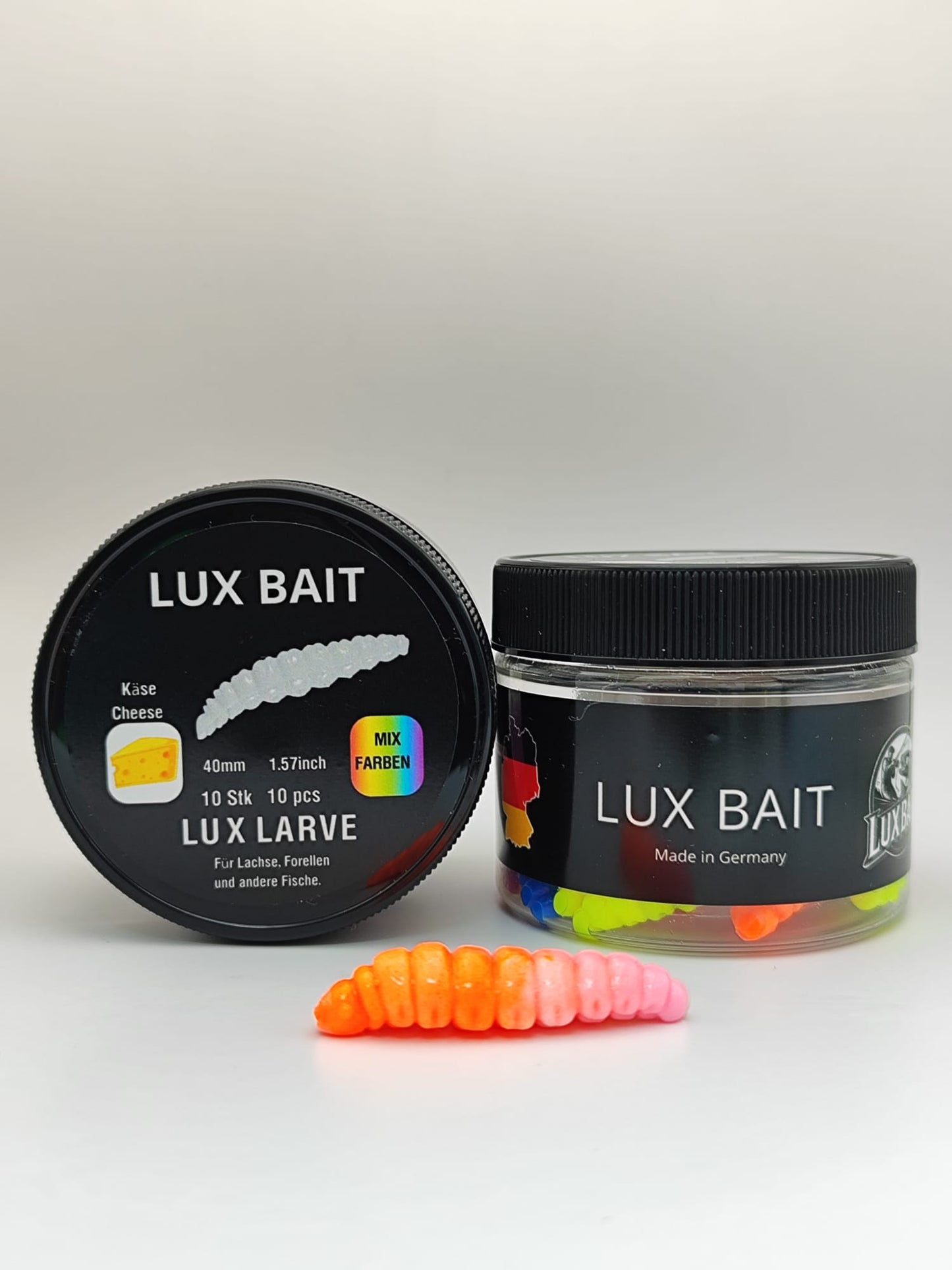 LUX LARVE von Lux Bait – aromatisierter, hocheffektiver Silikonköder für den Fang von Lachs und Forelle. Fluo UV Aktiv.