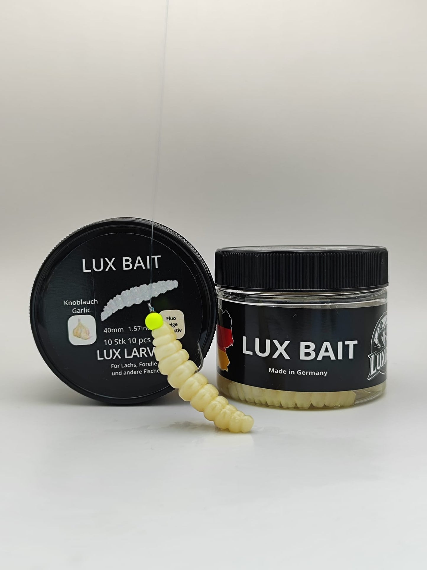 LUX LARVE von Lux Bait – aromatisierter, hocheffektiver Silikonköder für den Fang von Lachs und Forelle. Fluo UV Aktiv.