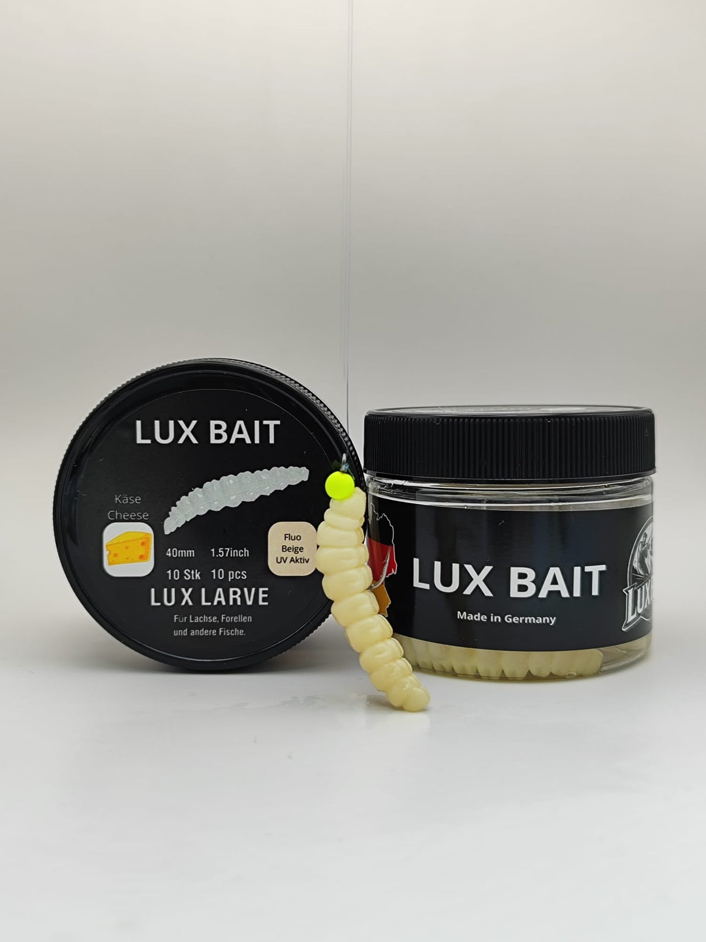 LUX LARVE von Lux Bait – aromatisierter, hocheffektiver Silikonköder für den Fang von Lachs und Forelle. Fluo UV Aktiv.