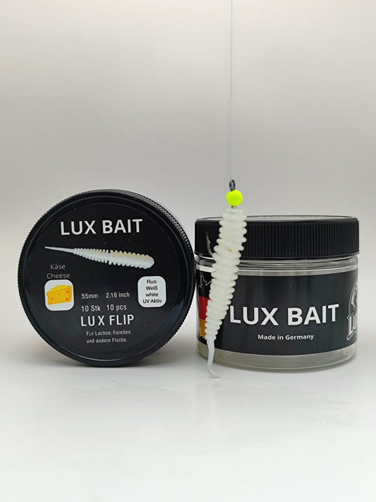 LUX FLIP von Lux Bait – aromatisierter, hocheffektiver Silikonköder für den Fang von Lachs und Forelle. Fluo UV Aktiv.