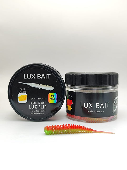 LUX FLIP von Lux Bait – aromatisierter, hocheffektiver Silikonköder für den Fang von Lachs und Forelle. Fluo UV Aktiv.