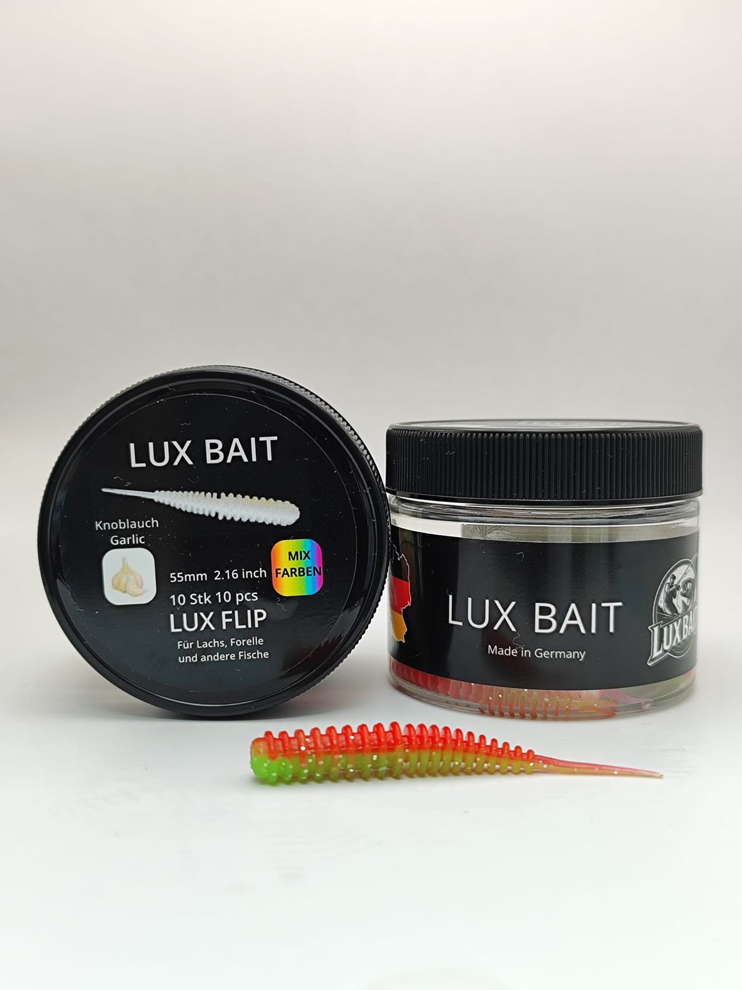 LUX FLIP von Lux Bait – aromatisierter, hocheffektiver Silikonköder für den Fang von Lachs und Forelle. Fluo UV Aktiv.