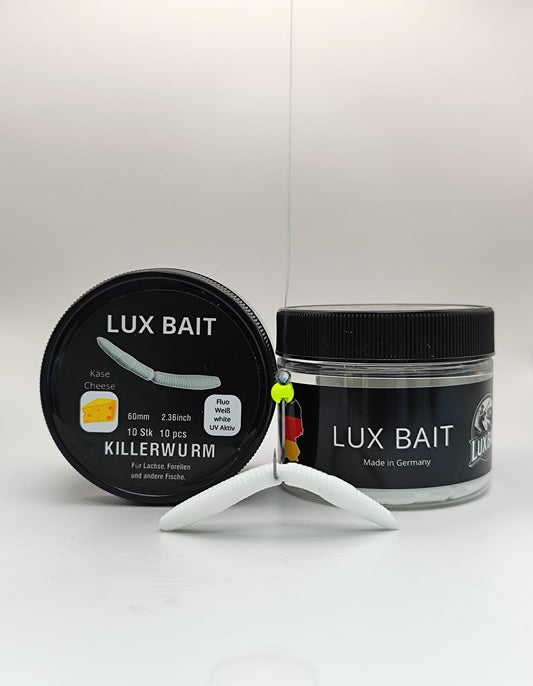 KILLERWURM von Lux Bait – aromatisierter, hocheffektiver Silikonköder für den Fang von Lachs und Forelle. Fluo UV Aktiv.