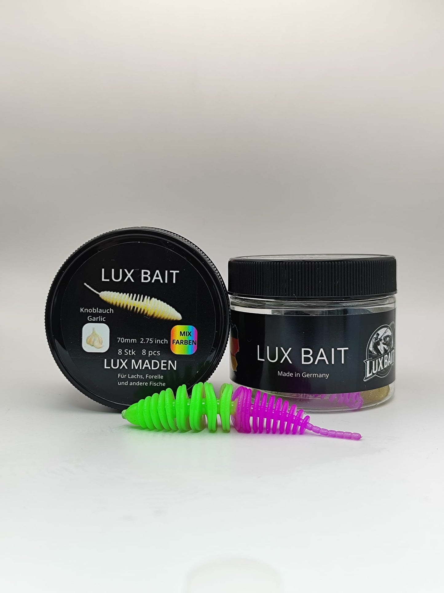 LUX MADEN von Lux Bait – aromatisierter, hocheffektiver Silikonköder für den Fang von Lachs und Forelle. Fluo UV Aktiv.