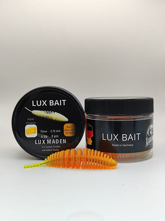 LUX MADEN von Lux Bait – aromatisierter, hocheffektiver Silikonköder für den Fang von Lachs und Forelle. Fluo UV Aktiv.